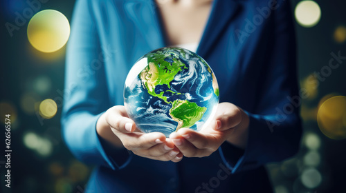 Businesswomen holding world and icon to Organization Sustainable development environmental. business responsible environmental, Generative Ai photo