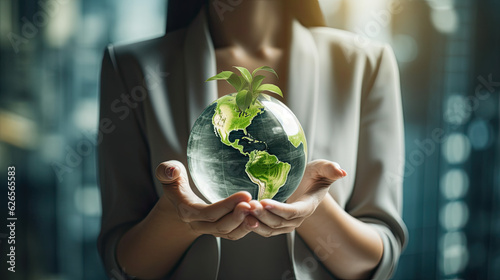 Businesswomen holding world and icon to Organization Sustainable development environmental. business responsible environmental, Generative Ai