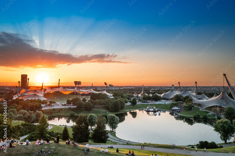 View of the Olympic stadium at olympiapark in the city of Munich - obrazy, fototapety, plakaty 