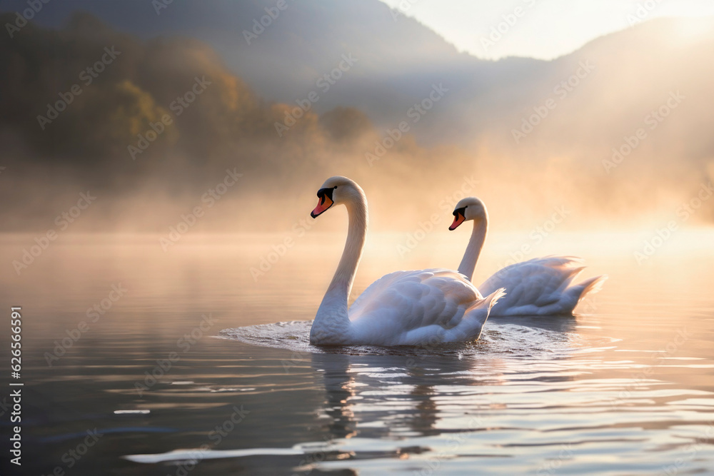 Two beautiful white swans swim on a mountain lake on a foggy morning at dawn. Two beautiful white swans swim on a mountain lake on a foggy morning at dawn.