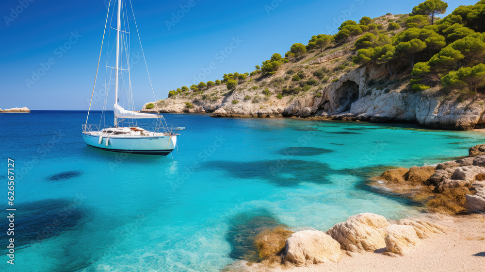 Beautiful beach with sailing boat yacht, Menorca island, Spain. Sailing boats in a bay. Summer fun, enjoying life, yachting, travel and active lifestyle concept, Generative AI Beautiful beach with sailing boat yacht, Menorca island, Spain. Sailing boats in a bay. Summer fun, enjoying life, yachting, travel and active lifestyle concept, Generative AI