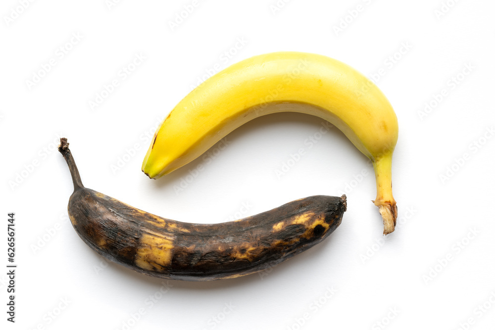 Reife gelbe Banane und überreife braune Banane vor weissen Hintergrund mit Schatten