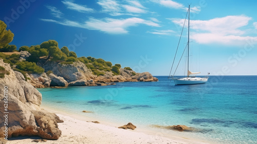 Beautiful beach with sailing boat yacht, Menorca island, Spain. Sailing boats in a bay. Summer fun, enjoying life, yachting, travel and active lifestyle concept, Generative AI
