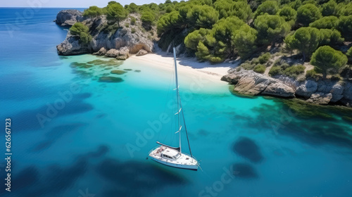 Beautiful beach with sailing boat yacht, Menorca island, Spain. Sailing boats in a bay. Summer fun, enjoying life, yachting, travel and active lifestyle concept, Generative AI