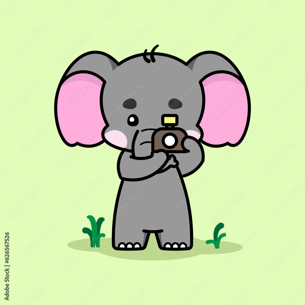 Cute elephant is taking a picture. Cute elephant cartoon illustration isolated in green background. Vector illustration. Fit for mascot, children's book, icon, t-shirt design, etc