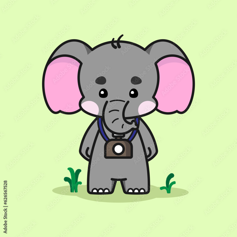 Naklejka premium Adorable elephant standing with a camera. Cute elephant cartoon illustration isolated in green background. Vector illustration. Fit for mascot, children's book, icon, t-shirt design, etc.