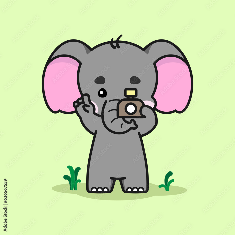 Obraz premium Lovable elephant is photographing. Cute elephant cartoon illustration isolated in green background. Vector illustration. Fit for mascot, children's book, icon, t-shirt design, etc