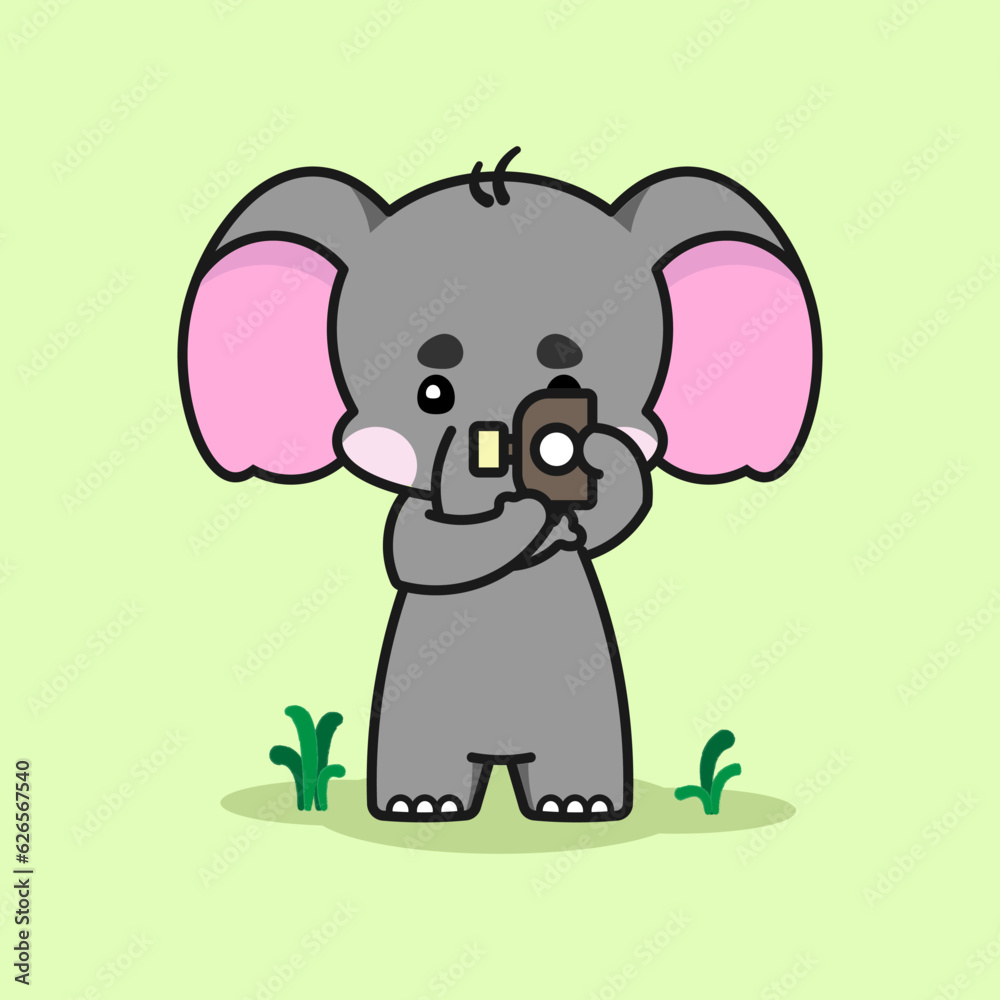 Naklejka premium Adorable elephant is capturing an image. Cute elephant cartoon illustration isolated in green background. Vector illustration. Fit for mascot, children's book, icon, t-shirt design, etc