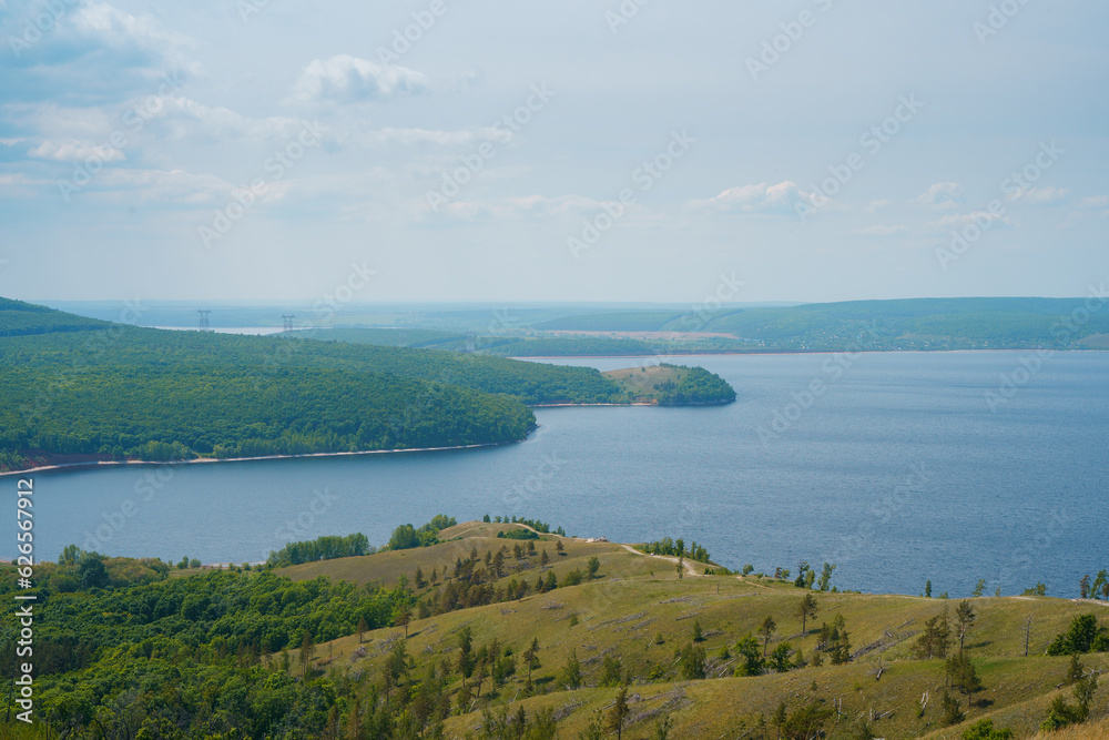 Amazing panorama of the Volga River and the islands on a summer day. Beautiful landscape in Russia