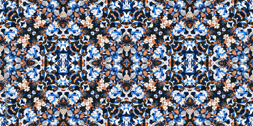 Fototapeta premium Indigo blue white vibrant watercolor batik azulejos tile border banner background. Seamless coastal blur linen effect geometric mosaic effect.Boho Patchwork nautical masculine summer ribbon trim.