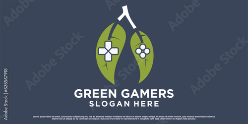 Green Gamers logo with leaf element and joystick button, premium vector