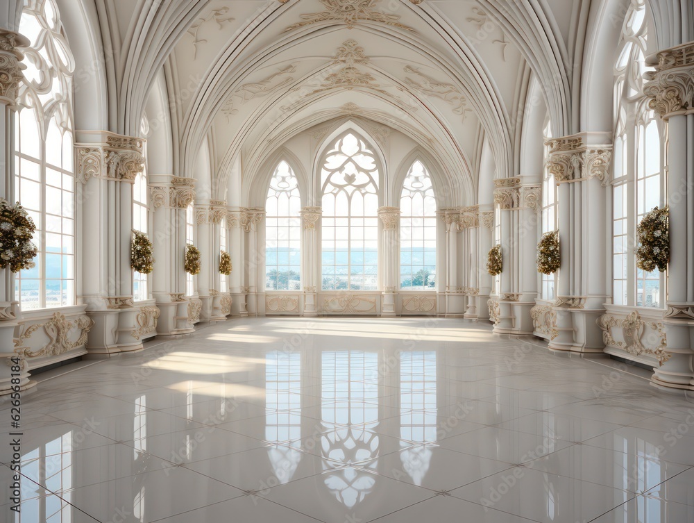 High-Resolution Photo Realistic White Room Classical and Elegant with Gorgeous Glass Chandelier