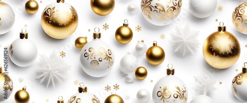 Winter holiday wallpaper. Festive white and gold Christmas ornaments and baubles. Empty glass snow ball isolated