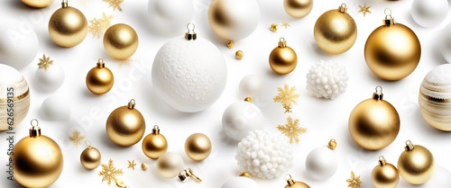 Winter holiday wallpaper. Festive white and gold Christmas ornaments and baubles. Empty glass snow ball isolated