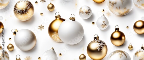 Winter holiday wallpaper. Festive white and gold Christmas ornaments and baubles. Empty glass snow ball isolated