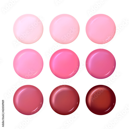 Lip balm or cheek blushes round container template on white background. Lipstick color swatch set. Top view. Vector illustration EPS 10.