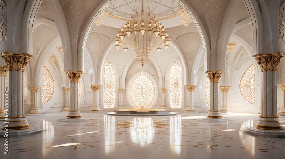 interior of large marble hall with luxury lamp