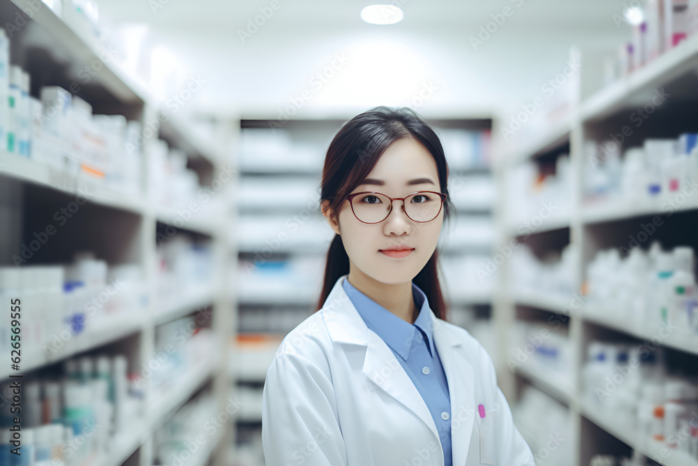 Young Asian Woman Pharmacy Worker in a Workplace, Women Pharmacist Day: AI Generated Young Asian Woman Pharmacy Worker in a Workplace, Women Pharmacist Day: AI Generated