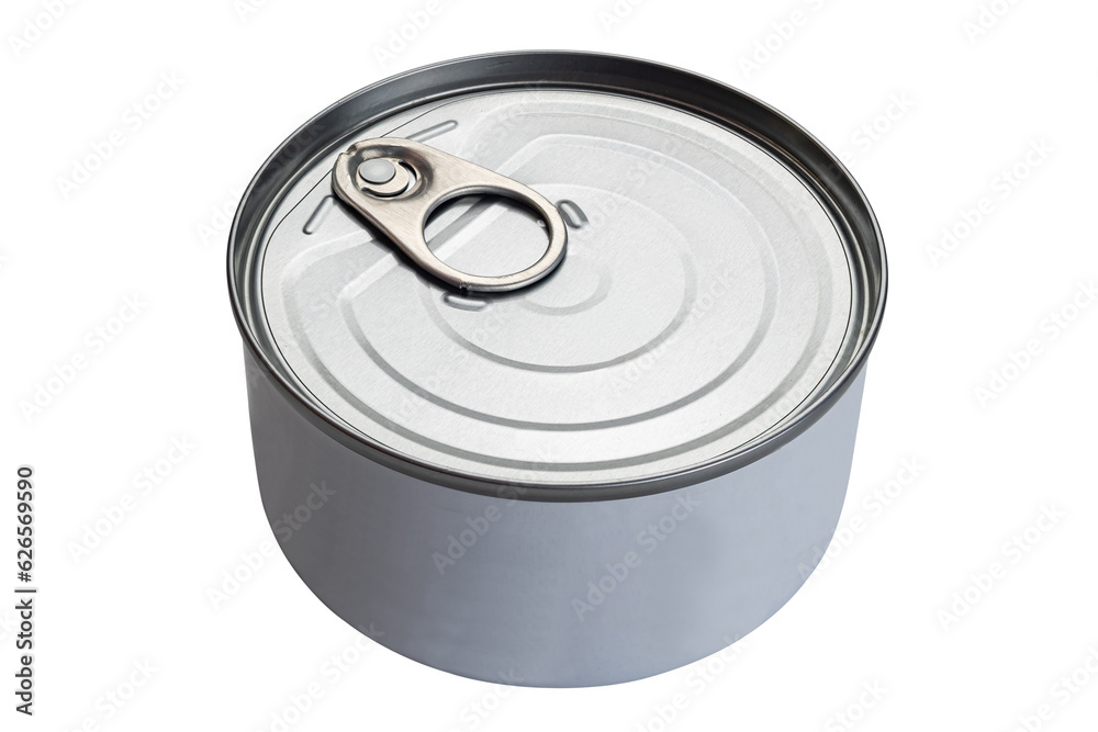High angle view of metal tin container without lebel of tuna fish isolated on white background with clipping path. High angle view of metal tin container without lebel of tuna fish isolated on white background with clipping path.