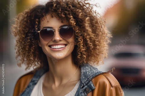 smiling woman with curly hair wearing sunglasses, generative ai