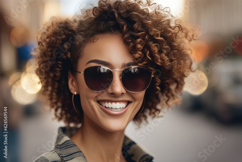 woman with curly hair smiling, wearing sunglasses, generative ai
