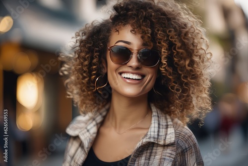 portrait of a curly hair woman, smiling, generative ai