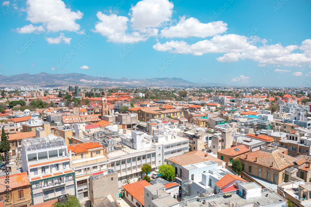 Panoramic view of Cyprus capital city . Urban area view from above