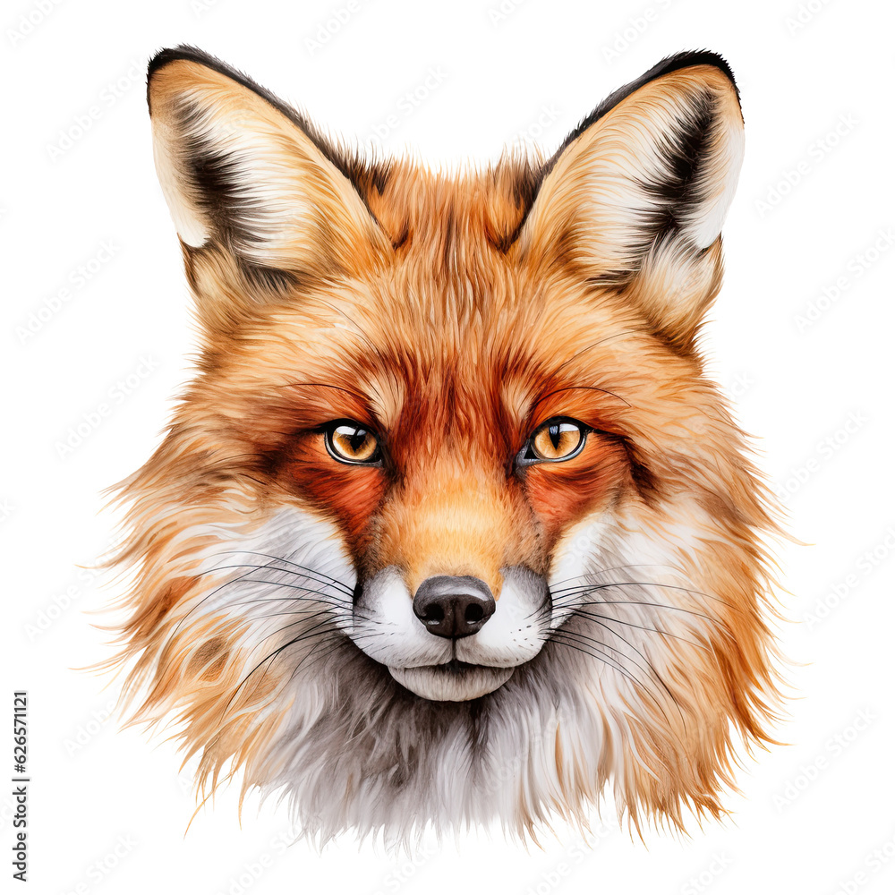 Fototapeta premium Portrait of red fox on transparent background. Wild animal png illustration.