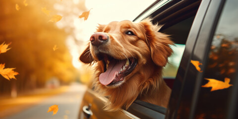A happy dog peeks out of a car window while driving through a fall suburb. Autumn orange trees stand along the road and bright leaves fall during an exciting trip.