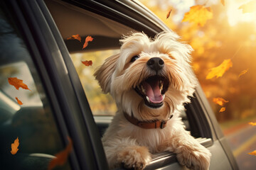 A happy dog peeks out of a car window while driving through a fall suburb. Autumn orange trees stand along the road and bright leaves fall during an exciting trip.