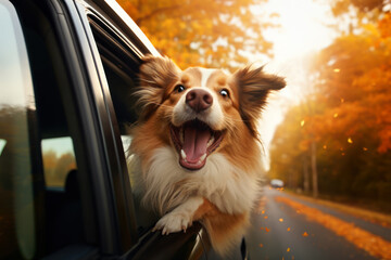 A happy dog peeks out of a car window while driving through a fall suburb. Autumn orange trees stand along the road and bright leaves fall during an exciting trip.