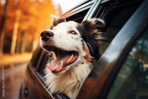 The happy dog is leaning out the car window and enjoying the fall journey. Autumn orange trees stand along the road. © NikonLamp
