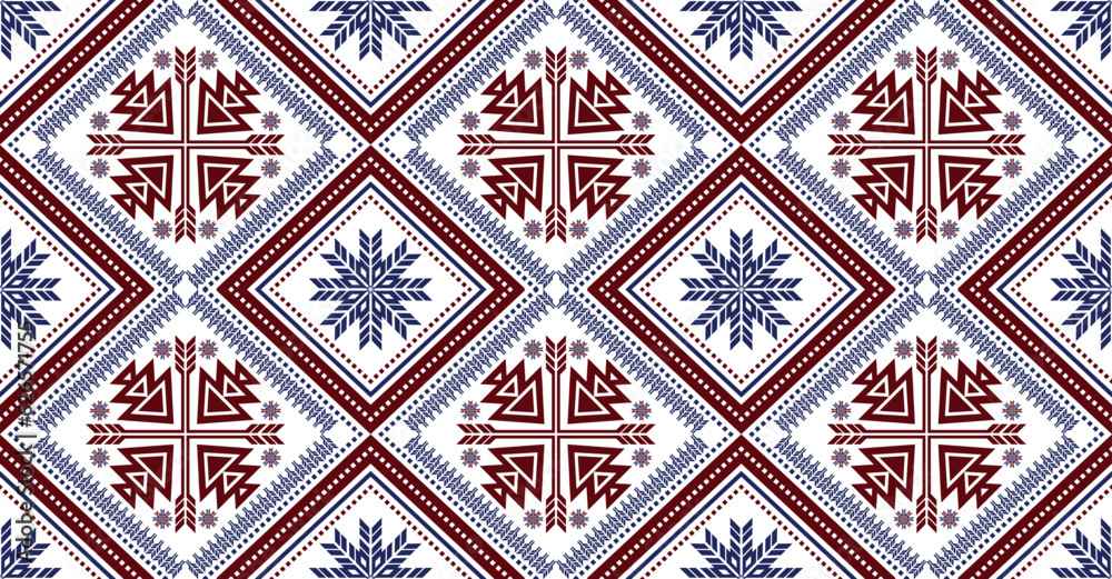 Geometric ethnic bohemian seamless pattern. Design for background, fabric, clothing, rug, carpet, scarf, floor. Vector illustration. Blue and red motifs on white background.