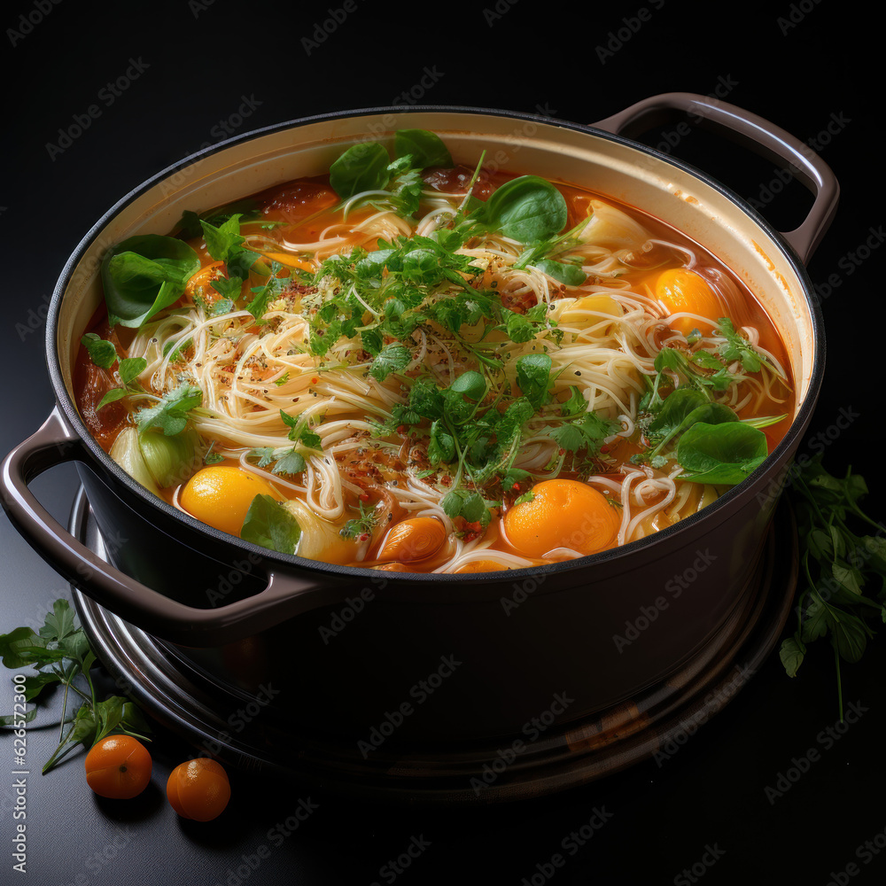 A soup with noodles and vegetables on a pot
A soup with noodles and vegetables on a pot