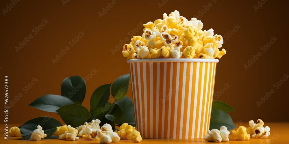 AI Generated. AI Generative. Pop corn movie cinema fast food snack take away bucket with flakes background decoration mockup view