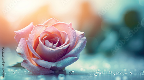 Beautiful pink rose with water drops on blue background  soft focus