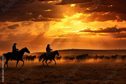 Two cowboys during the distillation of the herd. Silhouettes of men on horseback in the sun at sunset.