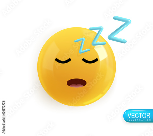 Emoji face sleeping. Realistic 3d Icon. Render of yellow glossy color emoji in plastic cartoon style isolated on white background. Vector illustration