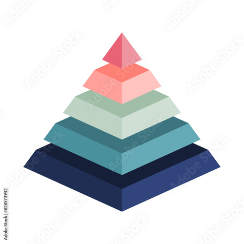 Colorful pyramid with 5 parts. Retro pastel colors pieces. Blank Infographic design template with five levels. Isometric prism with 5 steps elements. Hierarchy concept. 70s, 60s. Vector illustration.