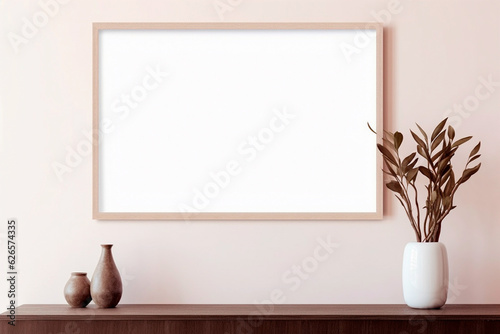 Mockup of an empty horizontal frame in a modern minimalist interior with a trendy plant in a vase against a beige wall background. © Creative Clicks