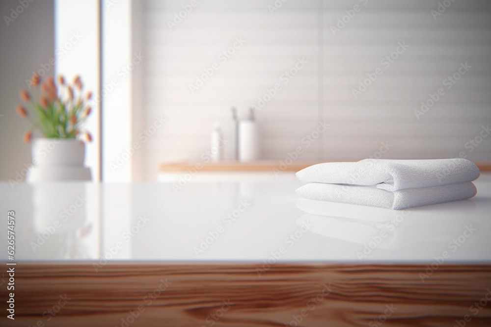 Empty white marble table inside a white bathroom with several white towels. Blurry background with a washing machine. Empty white marble table inside a white bathroom with several white towels. Blurry background with a washing machine.