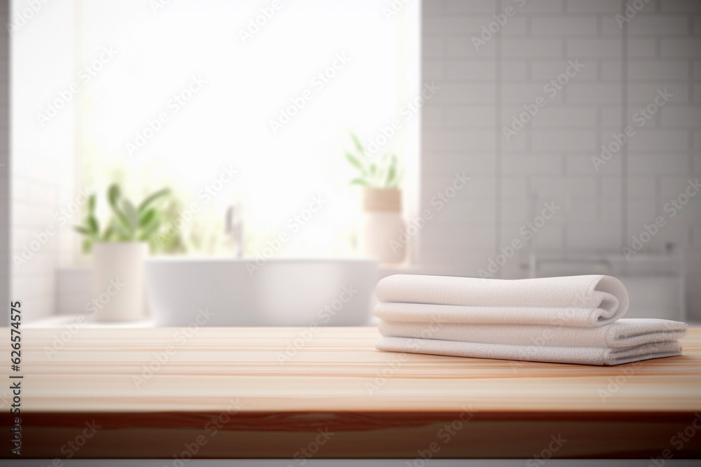 Empty white marble table inside a white bathroom with several white towels. Blurry background with a washing machine. Empty white marble table inside a white bathroom with several white towels. Blurry background with a washing machine.