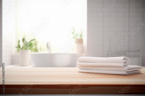 Empty white marble table inside a white bathroom with several white towels. Blurry background with a washing machine.