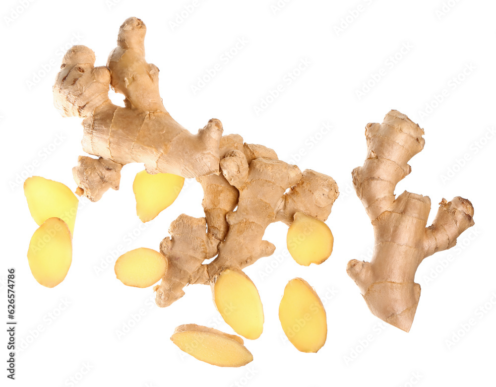 Fototapeta premium Flying fresh ginger roots on white background