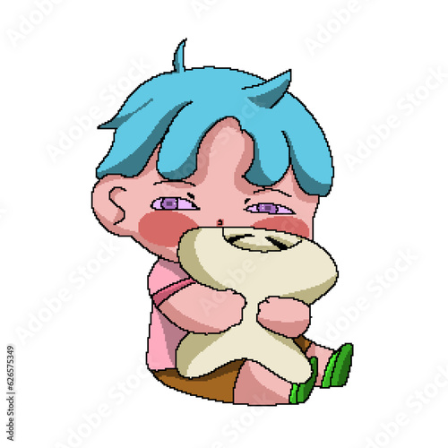 cartoon boy holding a tooth doll