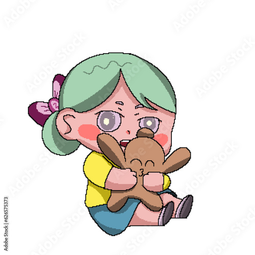 cartoon girl holding brown doll