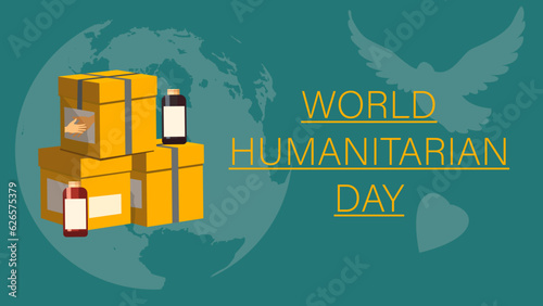 World Humanitarian Day. The image of boxes on the background of the globe, dove and heart.