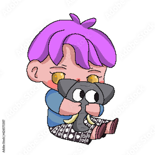 boy hugging elephant doll