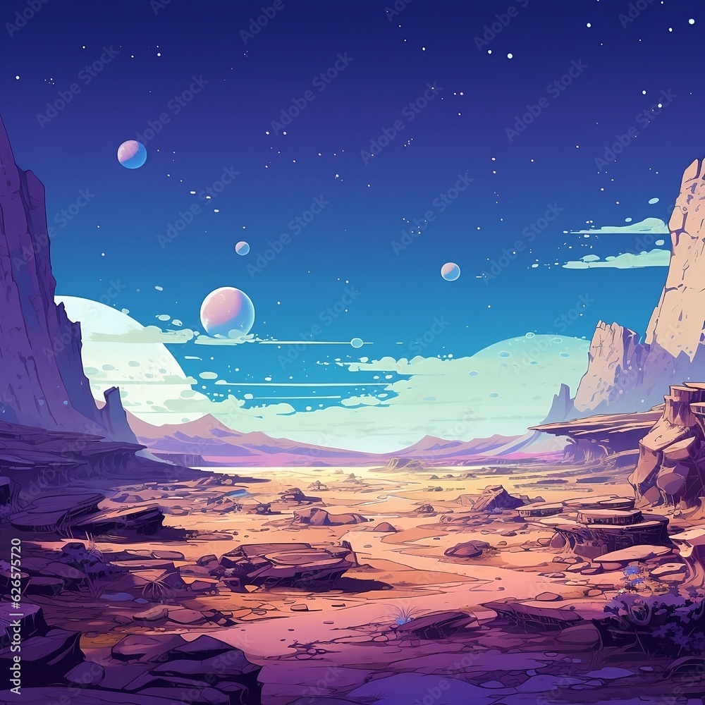Lunar landscape, the surface of the moon with mountain ranges, craters and dust, anime art style. Lunar landscape, the surface of the moon with mountain ranges, craters and dust, anime art style.