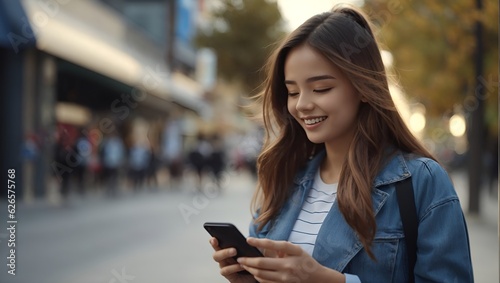 woman using mobile phone  Young beautiful woman using smartphone in a city. Smiling student girl texting on mobile phone outdoor. Modern lifestyle  connection  casual business concept